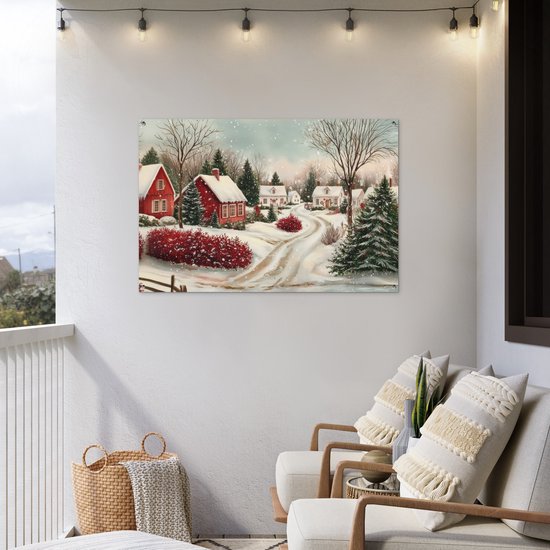 Tuinposter 120x80 cm - Tuindecoratie Kerstsfeer - Landelijk - Rood - Poster voor in de tuin - Buiten decoratie - Schutting tuinschilderij - Tuindoek muurdecoratie - Wanddecoratie balkondoek