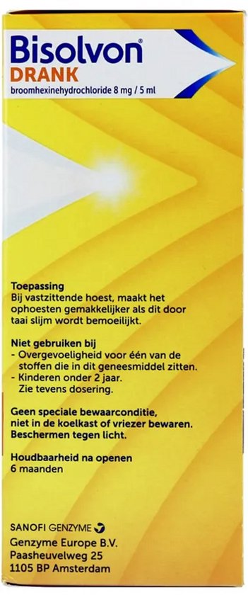 Bisovolon drank verpakking met toepassingsinformatie. Niet gebruiken bij overgevoeligheid. Beschermen tegen licht.