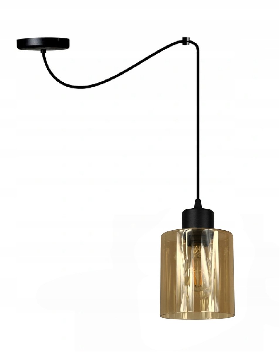 Hanglamp E27 Loft met Honingkleurig Glazen Kap - Zwart Metaal