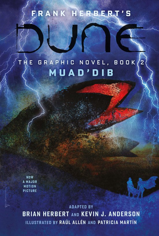 Boekomslag van Frank Herberts Dune, deel 2 Muad'Dib, met een zandworm en bliksem.