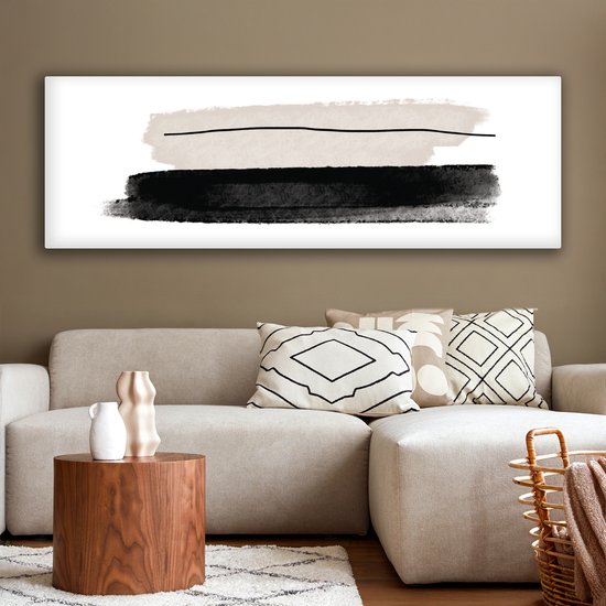 Canvas schilderij 180x60 cm - Wanddecoratie Abstract - Lijnen - Zwart - Beige - Kunst - Muurdecoratie woonkamer - Slaapkamer decoratie - Kamer accessoires - Schilderijen op canvas