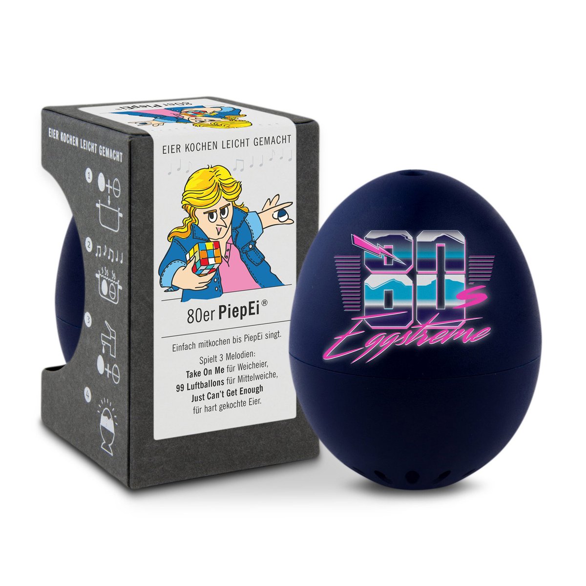 PiepEi 80s, eierwekker voor het koken, meet tijd en temperatuur, speelt melodietjes als het ei klaar is, gemaakt in Duitsland