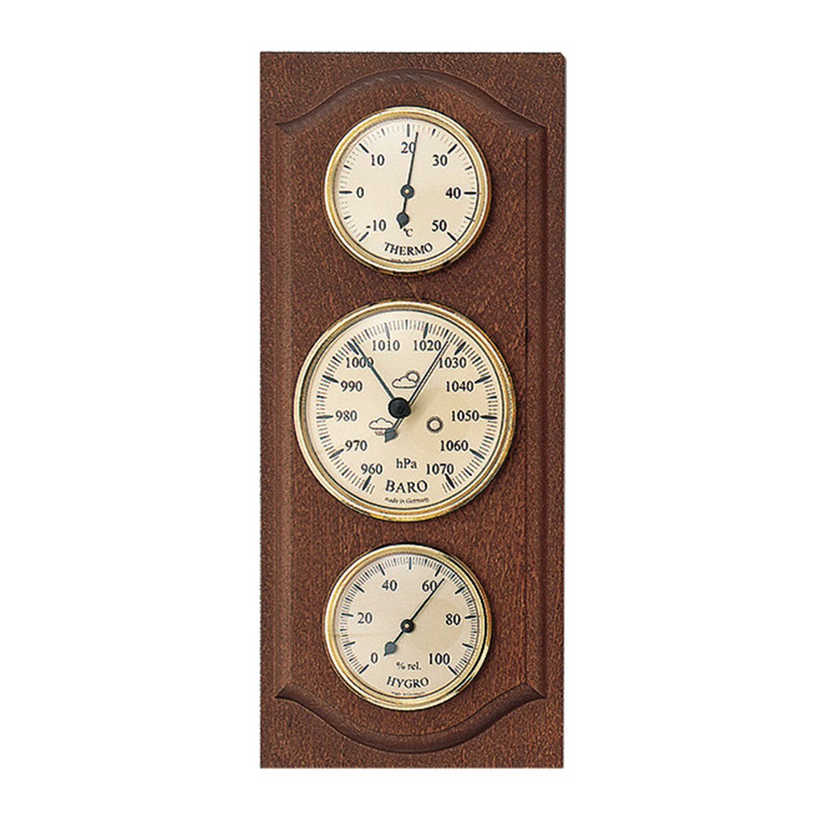 SELVA weerinstrument, weerstation, mechanisch, analoog, notenhout, voor buiten, met thermometer, barometer en hygrometer (afmetingen: 280 x 120 mm)