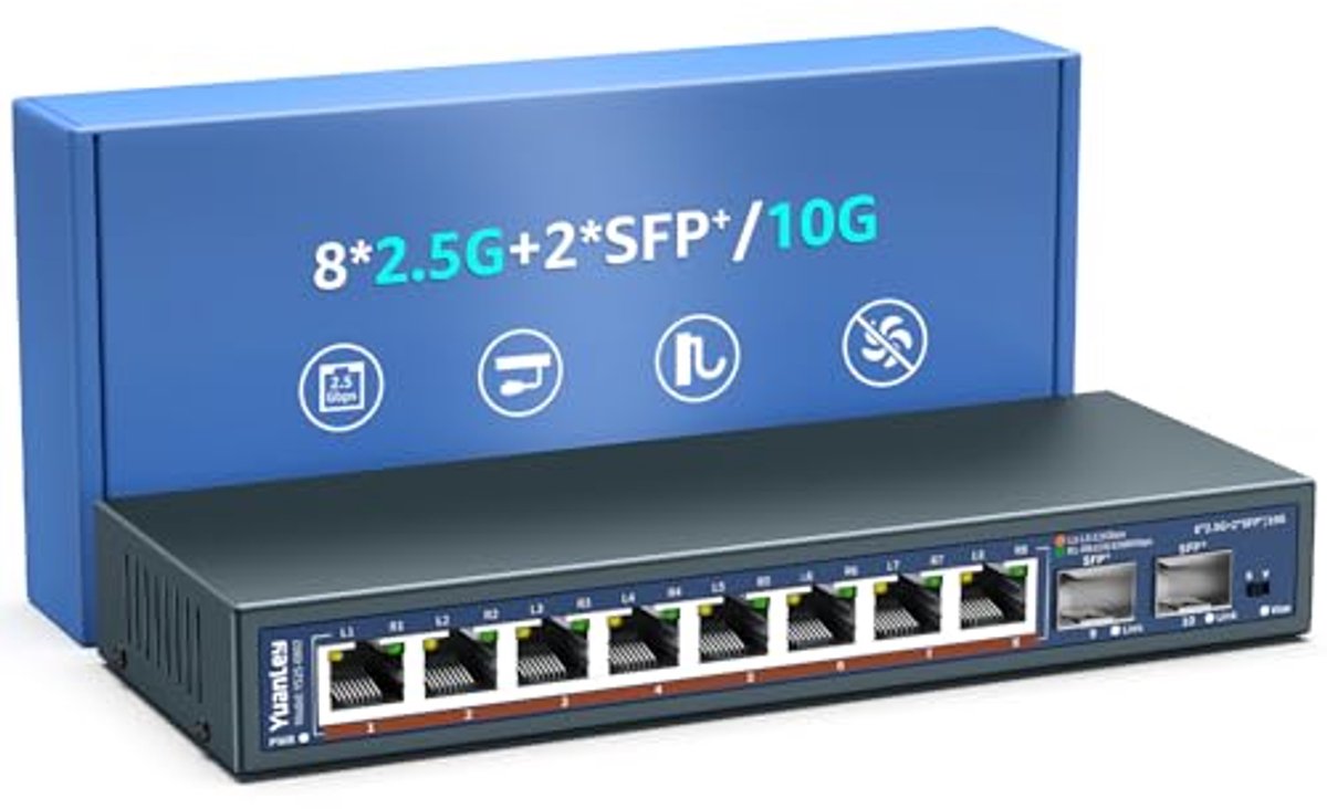 10-poorts unmanaged Ethernet-switch - 2,5G Base-T en 10G SFP - VLAN, fanless, desktop/wandmontage