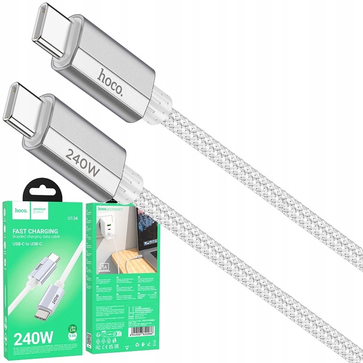 Hoco U134 Primer USB-C Kabel 240W Super Snel Laden 1,8m Metaal