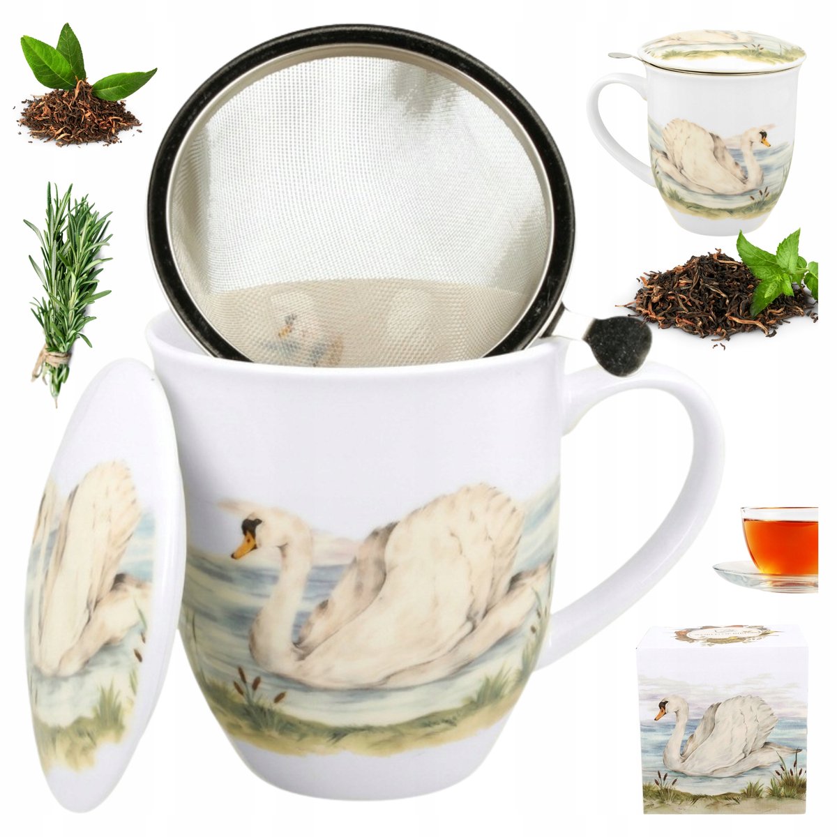 Porseleinen Mok met Infuser & Deksel - 400ml - Zwaan Design