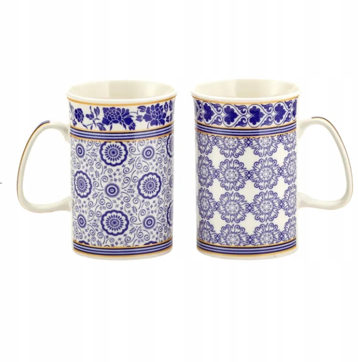 Set van 2 Porseleinen Mokken - Wit, Marineblauw, Goud - 300ml