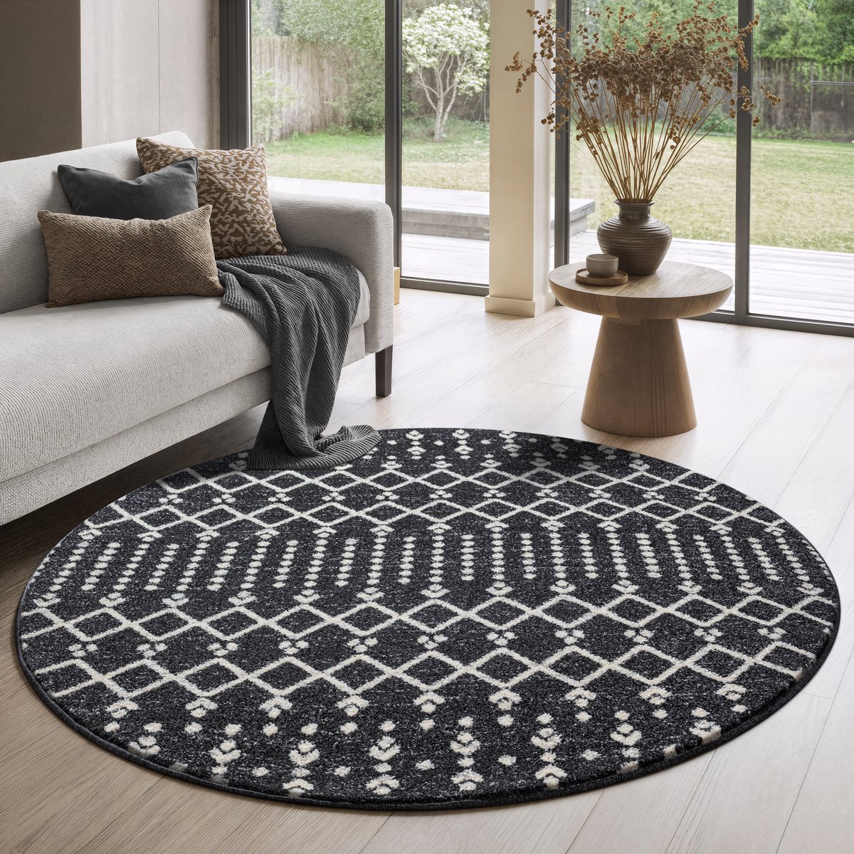 Muratap Boho Rond Antik Laagpolig Vloerkleed Zwart/Grijs- 150 CM Ø