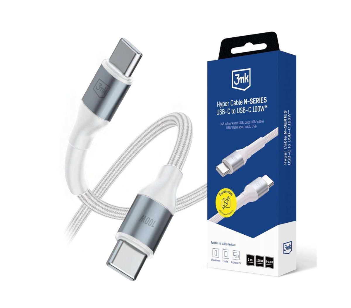 3mk Hyper N-SERIES USB-C naar USB-C Kabel 100W 1m Wit