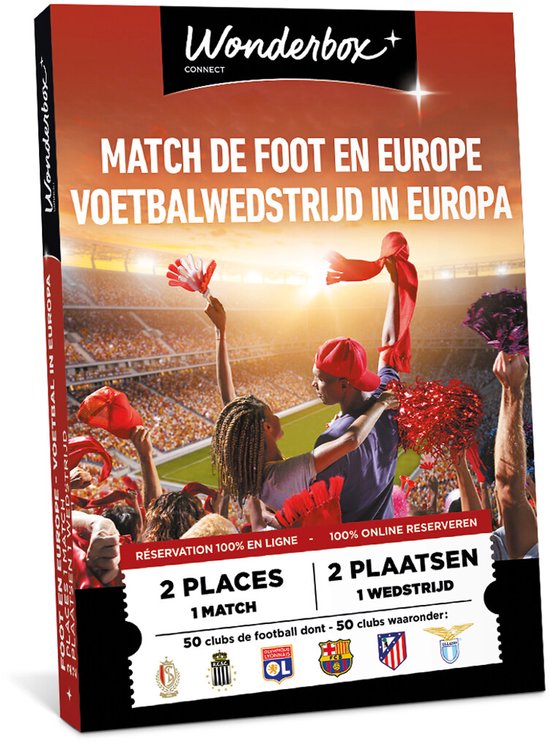 Carte cadeau Wonderbox sur le thème du football, montrant des fans joyeux, 50 logos de clubs. Offre 1 match, 2 places, réservation 100% en ligne.