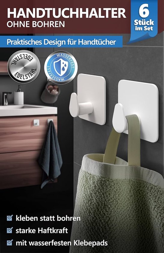 SEBSON® Handdoekhaken zonder Boren, 6 Stuks Zelfklevende Haken voor