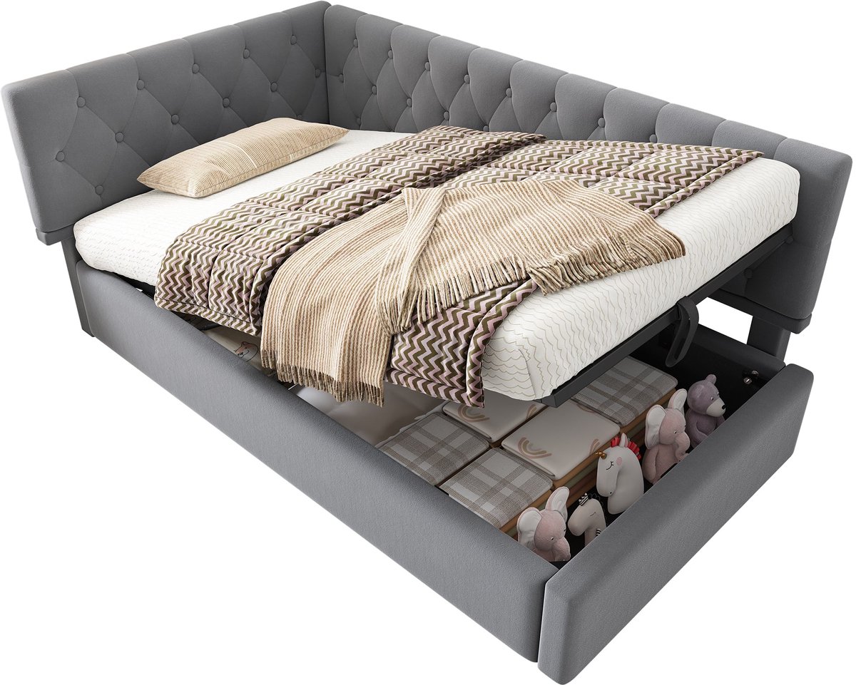 Merax Gestoffeerd Bed 90x190 cm - Slaapbank met Hydraulische Opbergruimte - Kinderbed en Jeugdbed - Luxe Fluwelen Stof - Grijs - Inclusief Houten Lattenbodem - Zonder Matras