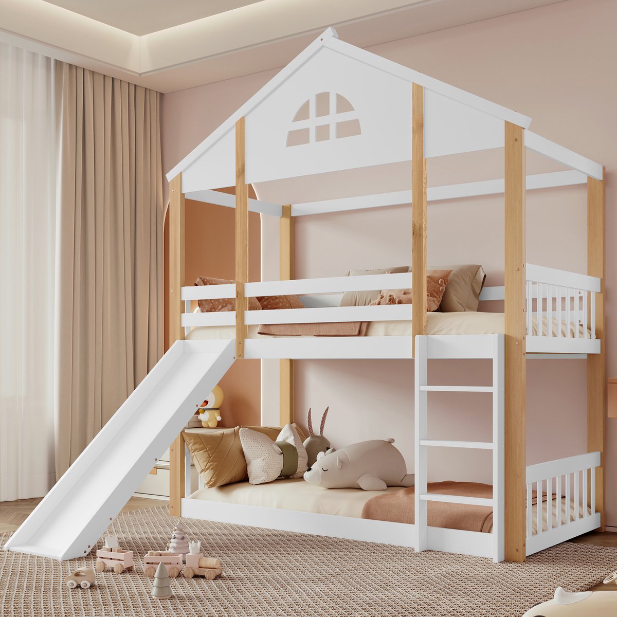 HAUSS SPOLE Stapelbedden voor Kinderen - 90x200 - Kinderbed met Glijbaan en Ramen - Grenen + MDF - Wit