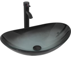 Puluomis Wastafel - Waskommen - Glas - Ovaal - Wastafelkraan Zwart - Afvoerplug - Waterpijp - Muntgroen