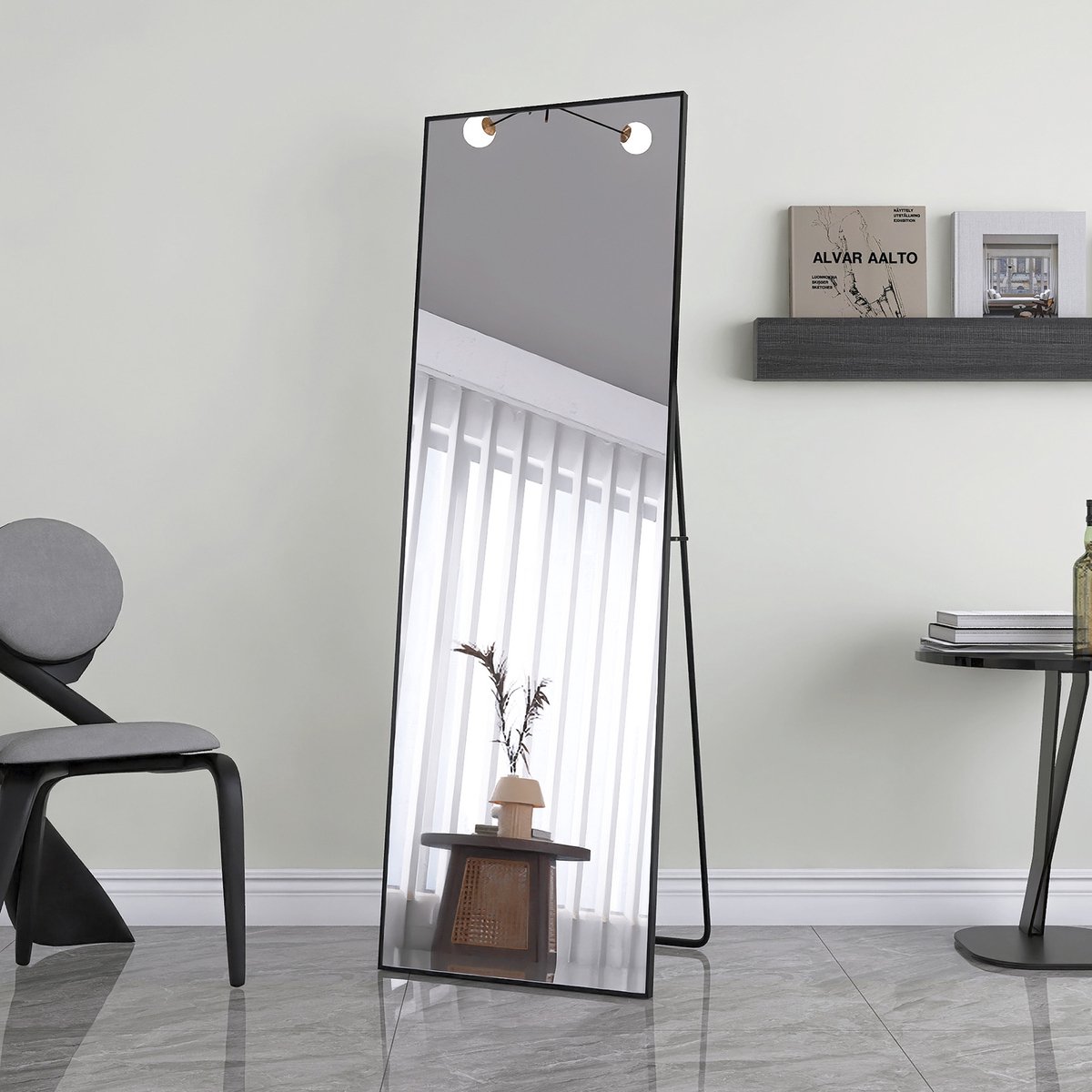 Staande spiegel 162x53 cm – Rechthoekige make-up spiegel met zwart aluminium frame, gehard glas