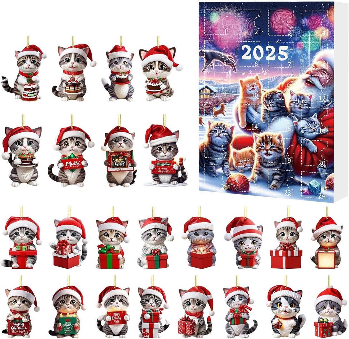 Kerstkatten Adventskalender - Countdown Blind Box - 24-daagse kerstadventskalender voor kattenliefhebbers - 2D acryl - Schattig katje met kerstmuts als kerstversiering