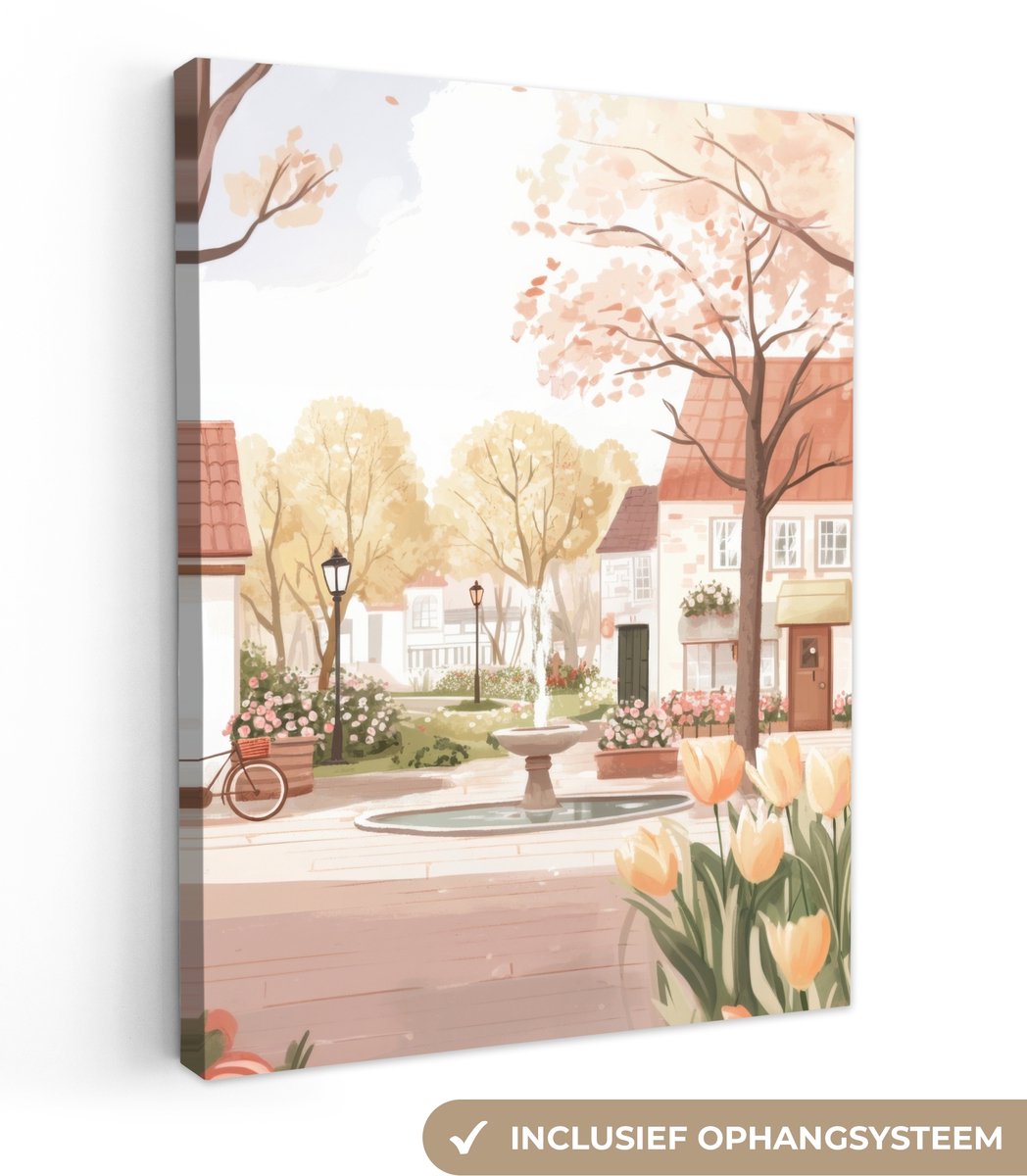 Canvas schilderij 60x80 cm - Exclusieve wanddecoratie Dorpsplein - Fontein - Tulpen - Muur