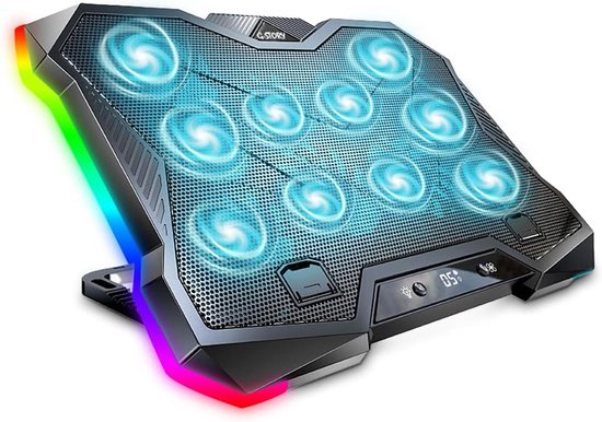 Laptop Koelpad met 10 Turbo Ventilatoren voor 12-18 Inch Laptops – Stille Laptopkoeler met RGB Verlichting en Verstelbare Hoogte