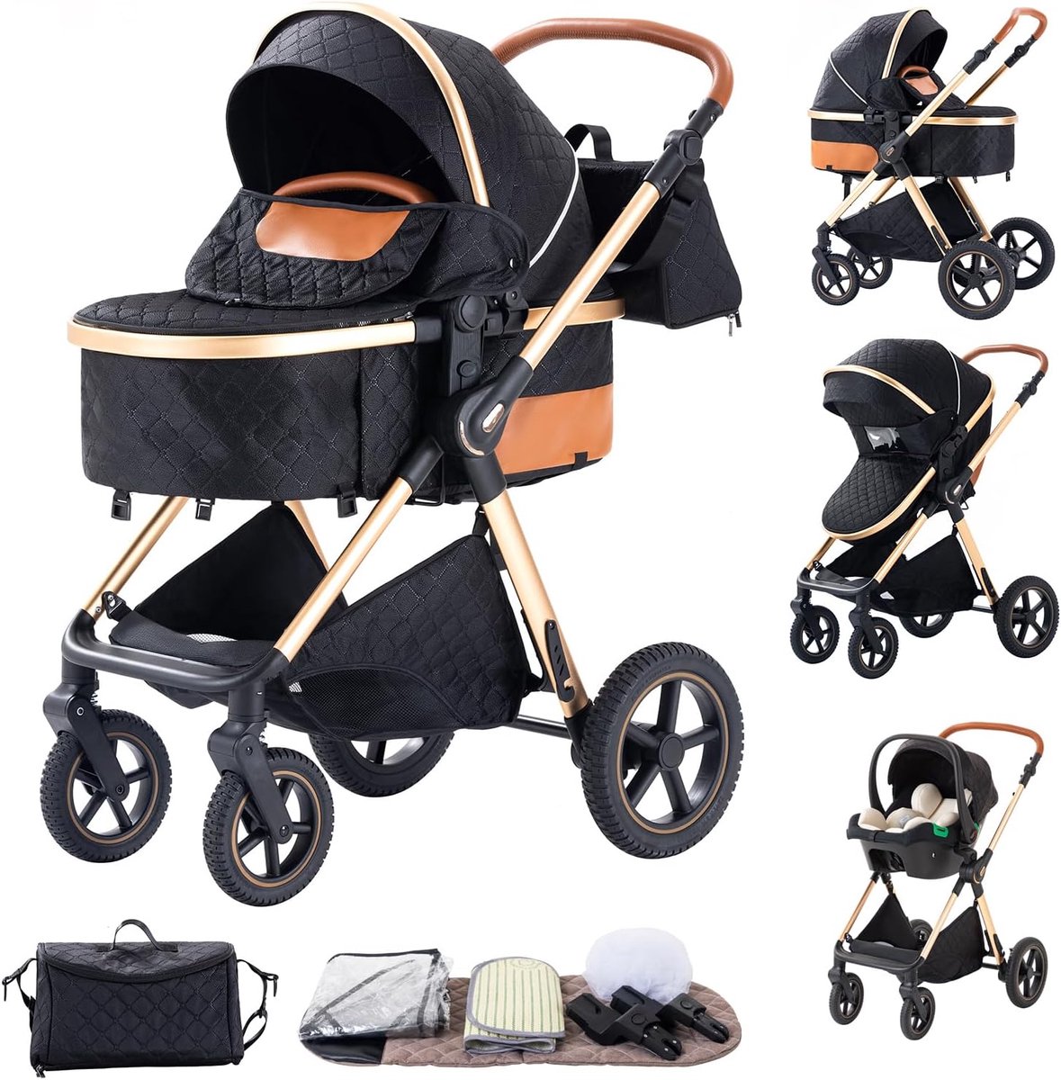 Image of 3-in-1 kinderwagen met inklapbaar ontwerp en aluminium frame voor pasgeborenen