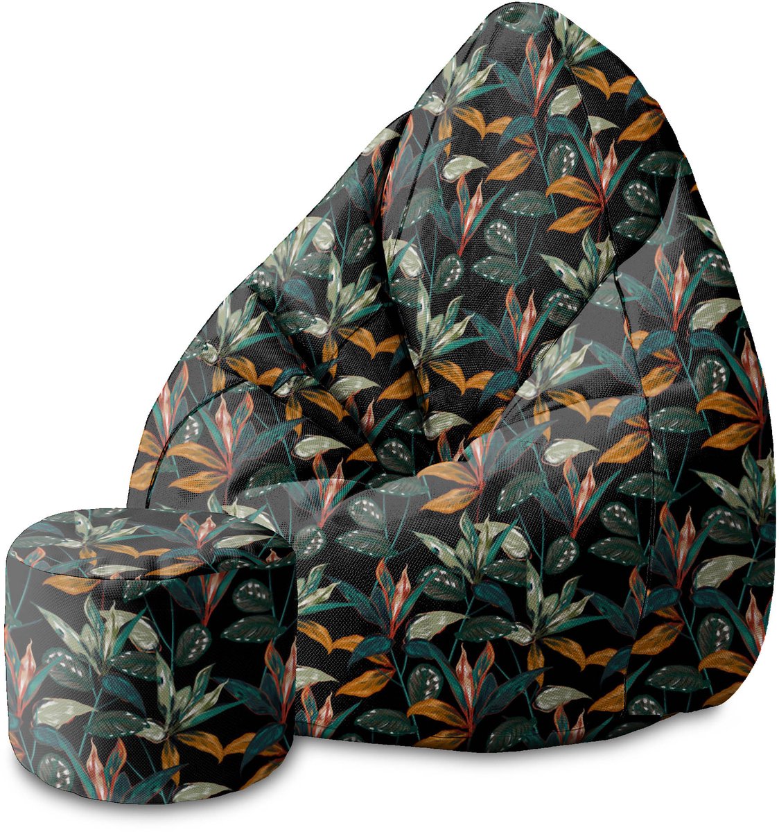 DreamRoots Velvet Zitzak voor Volwassenen – Luxe Beanbag met Voetsteun en Afneembare Hoes – Inclusief Vulling – 80x80x120 cm - Black Tropical Forest