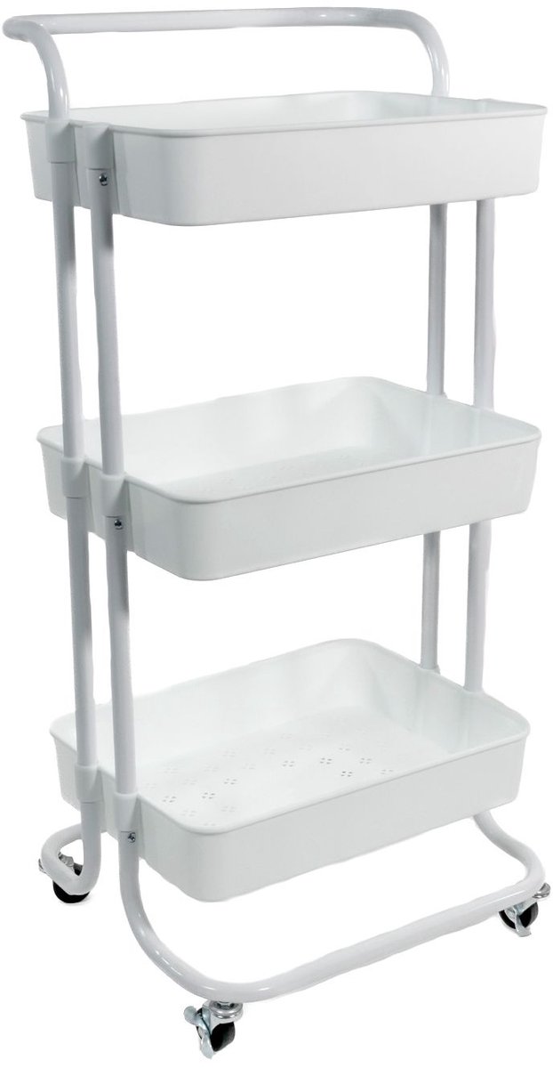 Intirilife Rolwagen met 3 niveaus in Wit - 85 x 34 x 42 cm - Serveerwagen met handvat, opbergwagen, voor keuken, badkamer, kantoor, enz.
