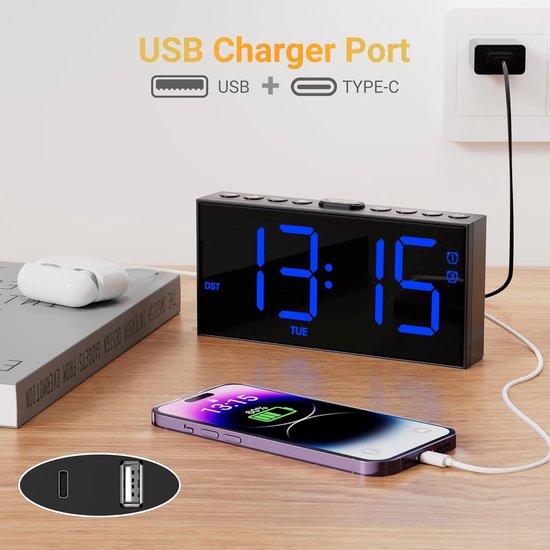 Digitale wekker met voeding, groot 6,3 inch led-display voor het Digitale wekker met voeding, groot 6,3 inch led-display voor het