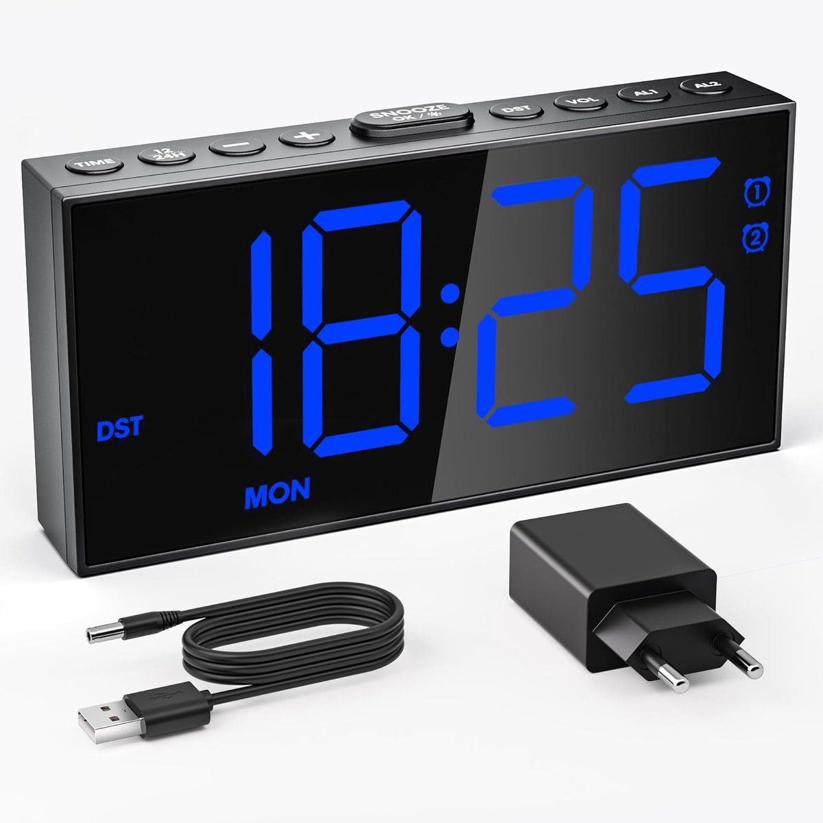 Digitale wekker met groot LED-display en instelbare helderheid