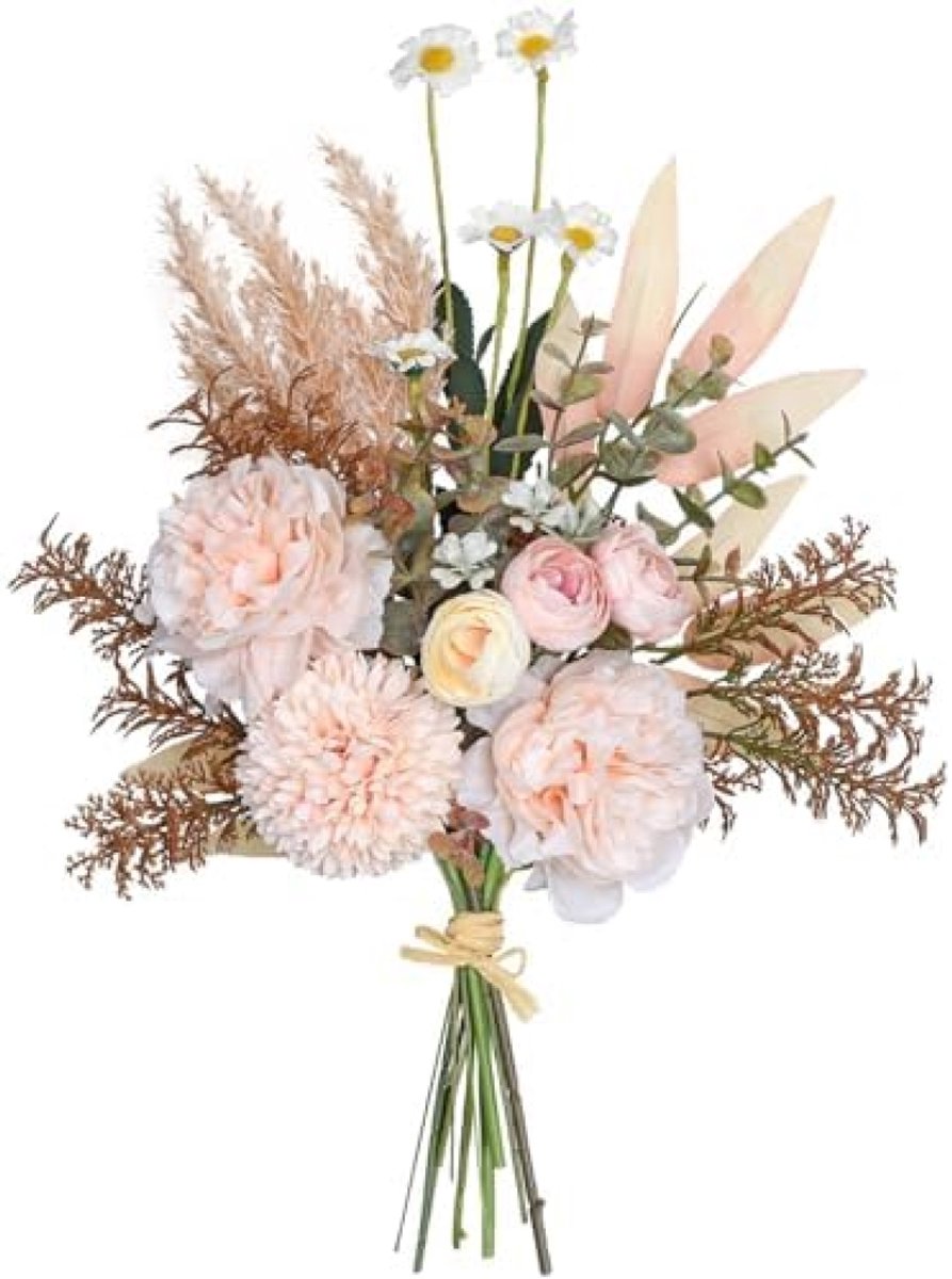 PromoHome Kunstmatig Bloemenboeket - Realistische Dahlia's en Groene Bloemen Decoratie - Kunstbloemen Stuk voor Tafeldecoratie, Bruiloft en Woondecoratie - 38 cm Hoog - Champagne Kleur Hortensia-Champagne