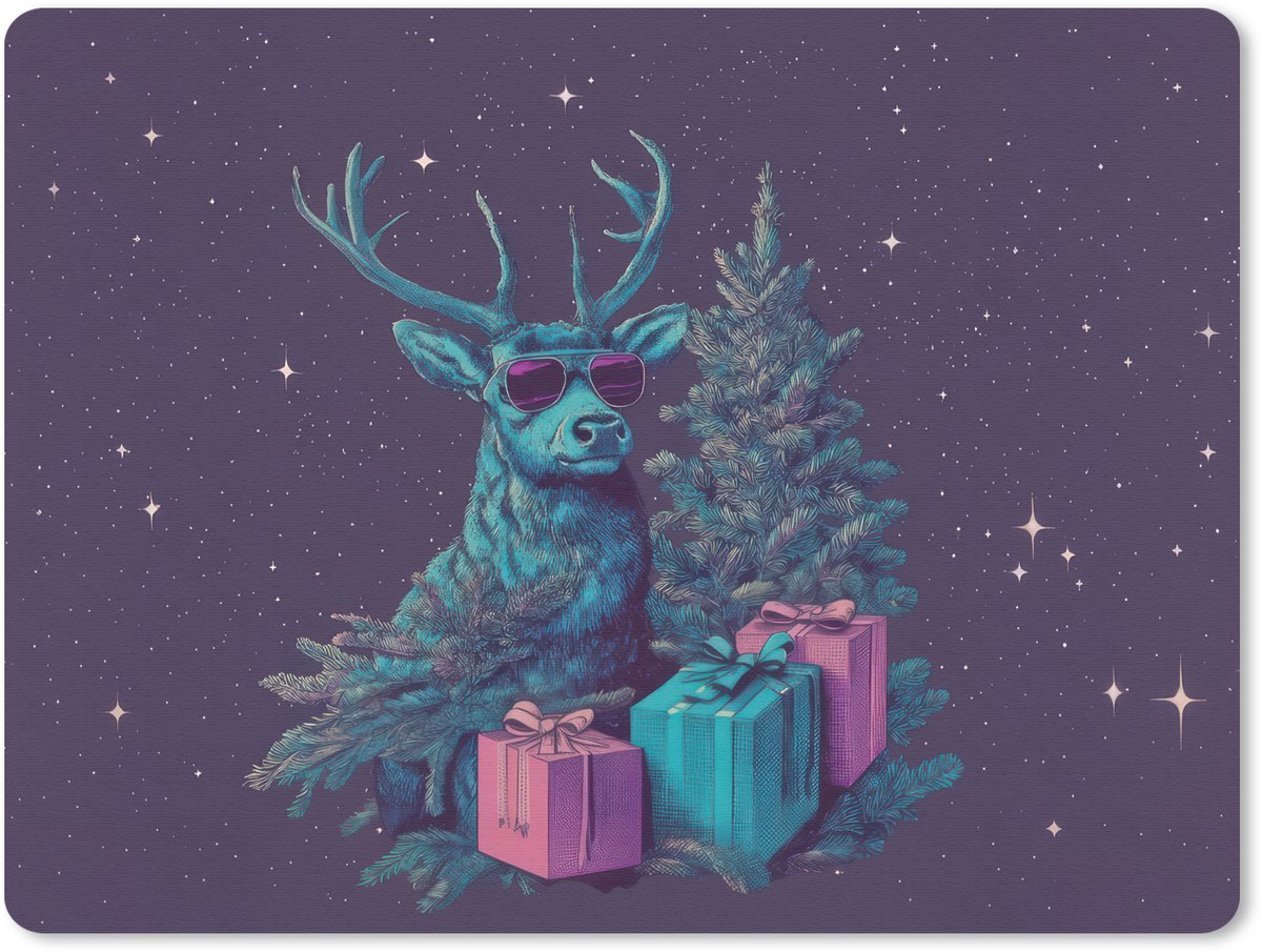 Muismat 23x19 cm - Mousepad Rendier - Zonnebril - Neon - Kerstboom - Muismatten