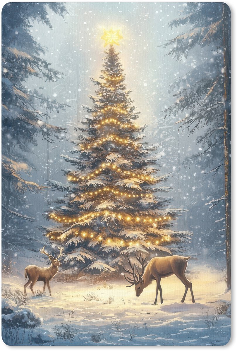 Muismat 18x27 cm - Mousepad Kerstlicht - Woud - Hert - Donker - Muismatten