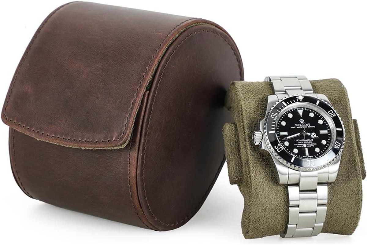 Reis Horloge Opbergdoos van Leer voor 1 Horloge, Draagbare Horlogebeschermer met Verwijderbaar Kussen.