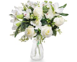 Artificiële bloemen boeket met vaas - zijde rozen en orchideeën - huwelijk, home decor, kantoor, tafeldecoratie.