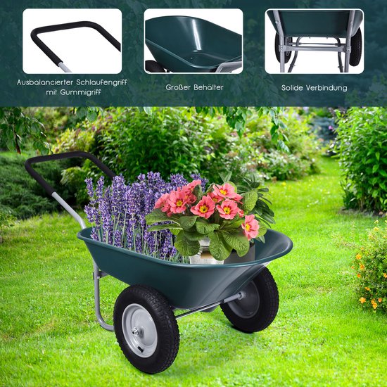 COSTWAY Kruiwagen met 2 wielen, 75 l, schuifwagen, 100 kg draagkracht, metalen frame, transportwagen voor tuin, tuinkar met rubberen handgreep, bouwkruiwagen, tuinkruiwagen (groen) van Merkloos	 — afbeelding 3