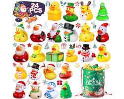 24 Stuks Kerst Rubber Eenden Feestgeschenken met Trekkoord Tas - Perfect voor Kerstkousen, Kinderen en Peuters