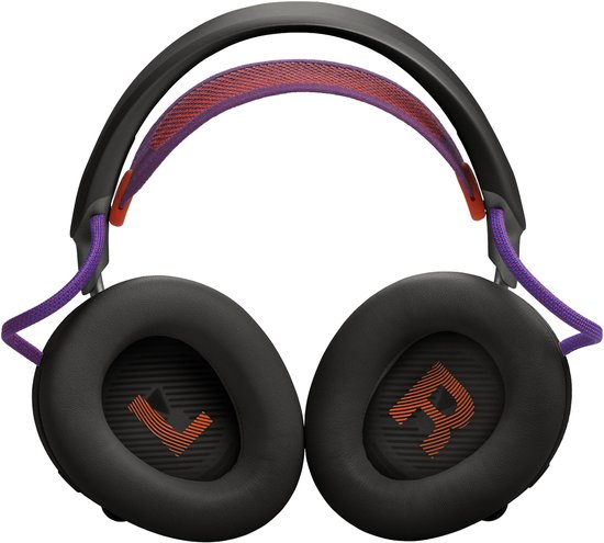 Zwarte JBL gaming headset met paarse touwtjes en oranje L en R op oorkussens.