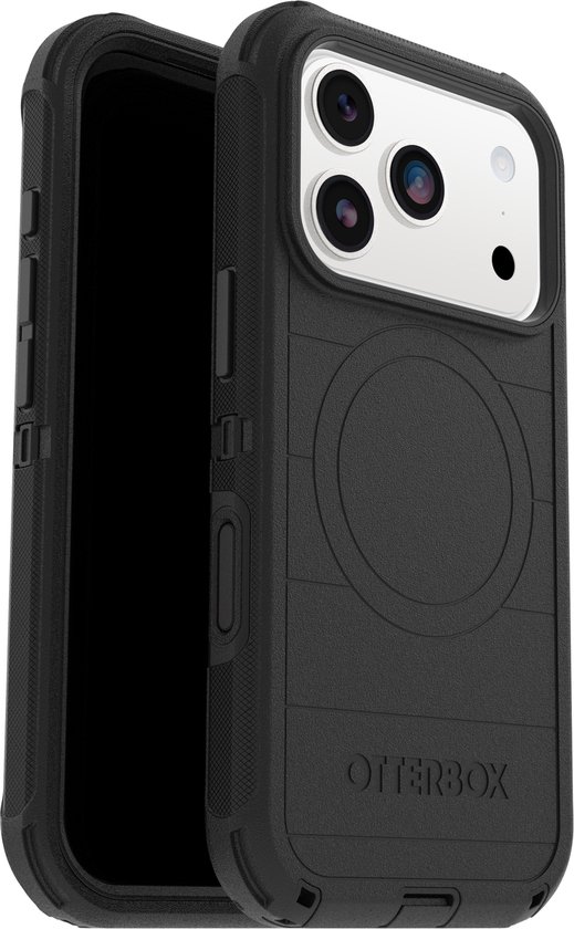 Zwarte Otterbox Defender Pro hoes met een ring voor MagSafe en een textuur voor grip.