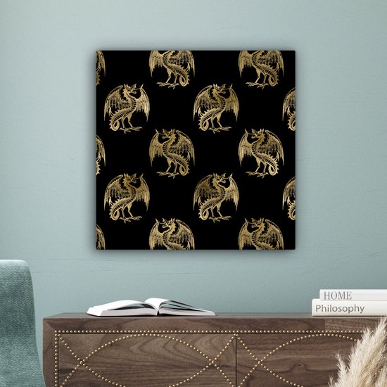 Toile Peinture Motifs - Dragon - Or - Zwart - 50x50 cm - Décoration murale