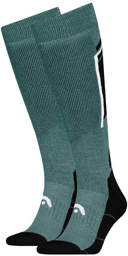 Ski sokken in donkergroen met zwarte en witte accenten. Logo op de voorkant.