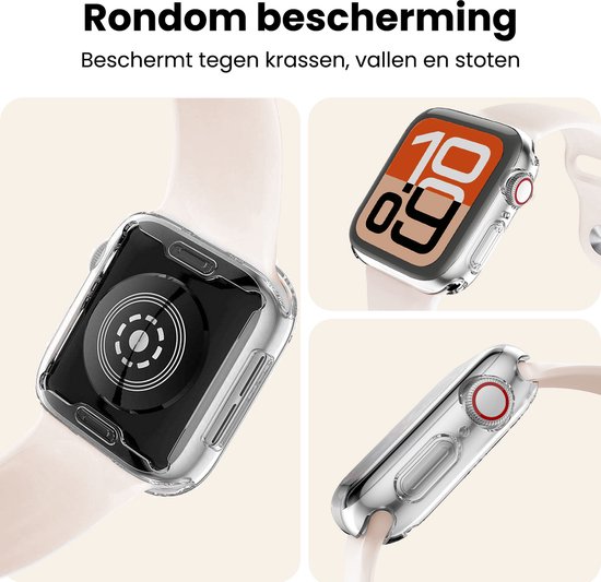 Transparante Apple Watch case met beige band, gezien vanuit verschillende hoeken. Toont rondom bescherming tegen krassen, vallen en stoten.