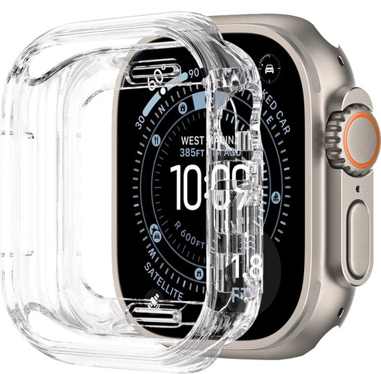 Transparante bumperhoes die op een Apple Watch Ultra wordt geschoven, zilverkleurig.