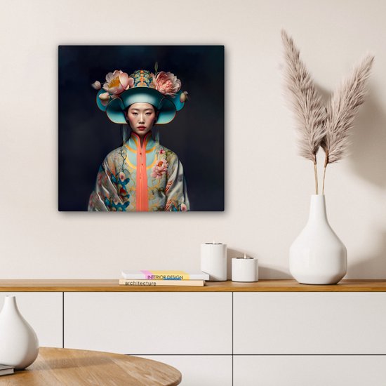 Tableau sur toile Femmes - Asiatique - Portrait - Vêtements - Fleurs - 50x50 cm - Décoration murale
