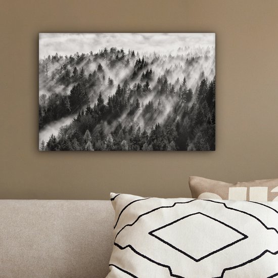 Peinture sur toile - Arbres - Brouillard - Forêt - Paysage - Peintures sur toile - 30x20 cm - Photo sur toile - Canvasdoek