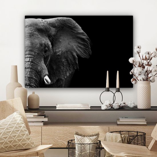 Peinture sur Toile - Animaux Sauvages - Éléphant - Zwart - Wit - Décoration murale - Toile - 60x40 cm - Canvasdoek sur Toile - Salon