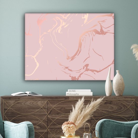 Tableau sur toile 120x90 cm - Décoration murale effet marbre - Or rose - Lignes - Décoration murale murale salon - Décoration chambre - Accessoires de décoration - Peintures sur toile