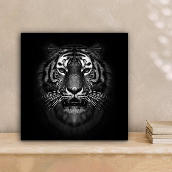Toile - Animaux - Tigre - Nature - Zwart - Wit - Photo sur toile - 20x20 cm - Toile entoilée - Décoration de la maison