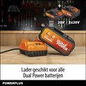 Oranje lader met een zwarte en oranje Dual Power accu met 'DUAL POWER' logo. Twee accu's in een cirkel.