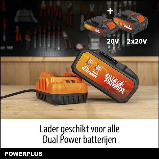 Oranje lader met een zwarte en oranje Dual Power accu met 'DUAL POWER' logo. Twee accu's in een cirkel.