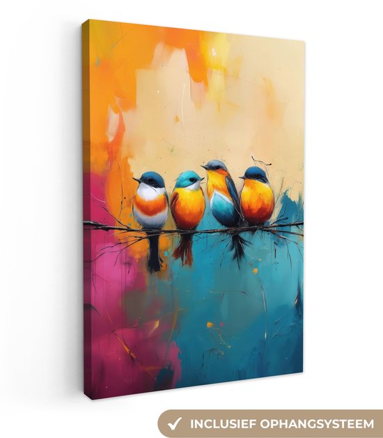 Canvas schilderij van vier vogels op een tak met abstracte oranje, blauwe en roze kleuren. Inclusief ophangsysteem.