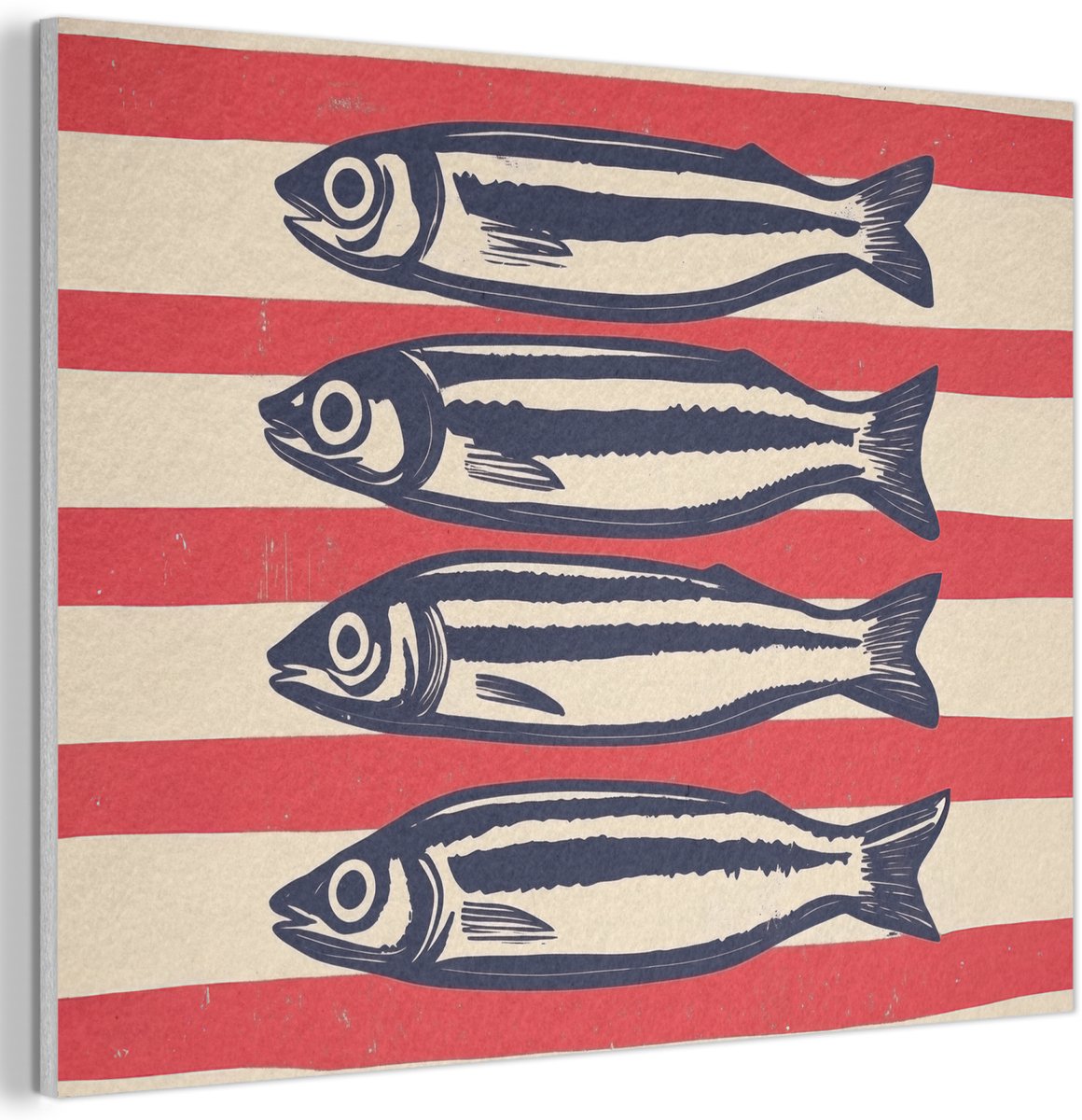 Akoestisch wandpaneel 40x30 cm - Vilt schilderij Sardines - Rood en beige strepen - Akoestische panelen - Geluidsdempende wanddecoratie - Geluidsisolatie woonkamer - Muurdecoratie geluidspanelen
