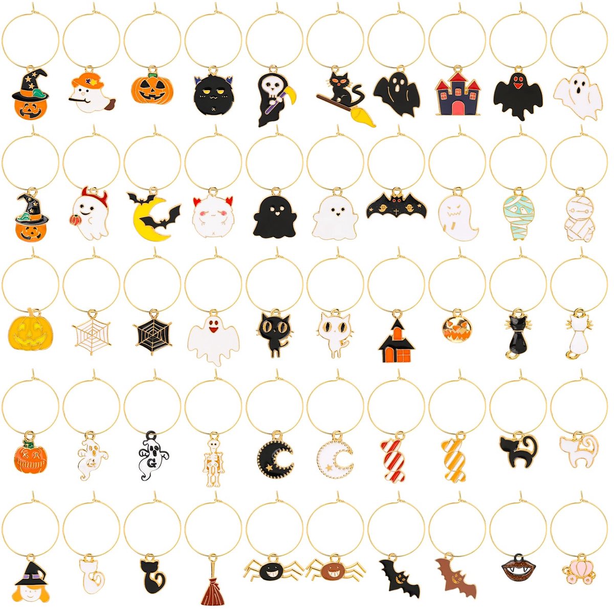 50 Halloween Wijnglas Bedels - Drankmarkers met Spook, Pompoen en Vleermuis Ontwerpen - Herbruikbare Glazen Identificatielabels